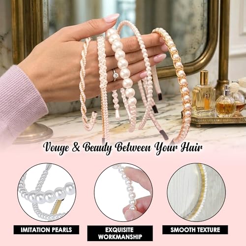 Image of GLUN Pearl Hair Band Set of 5 Different Design for Women & Girls, Elegant Pearl Headbands with Metal Frame, Stylish Hair Accessories for Party, Wedding, Daily Wear