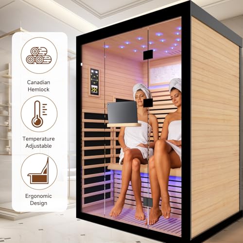 Image of OUTEXER Sauna for 2 Person Far Infrared Saunas 2100W 120V Room Home Canadian Hemlock Indoor Low-EMF Dry Saunas with with Oxygen Bar 7 Color Light 53.1 * 47.2 * 74.8inch