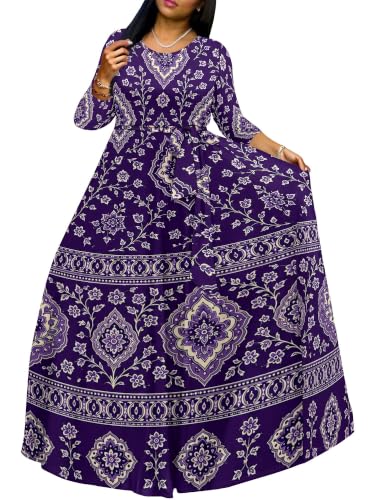 Image of Women Plus Size Long Sleeve V Neck Maxi Dress with Belt | Soft fabric relaxed fit three quarter sleeve v neck with pockets for party and daily wear