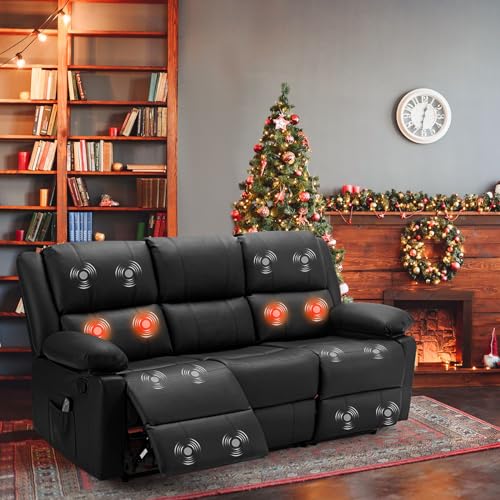 Reclining Sofa with MassageHeat Function Wall Hunger Recliner Couch 3 Seat Manual Faux Leather RV Sofa Couch Home Theater Seating Black