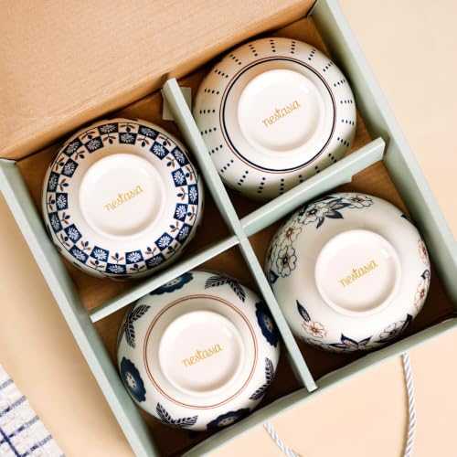 Image of Nestasia Ceramic Snack Bowl Set of 4 (350 ml Each) - Microwave & Dishwasher Safe Serving Bowl with Gift Box | 100% Food Safe Dinner Bowls - for Soups, Noodles & Curry (Geometric & Floral Design)