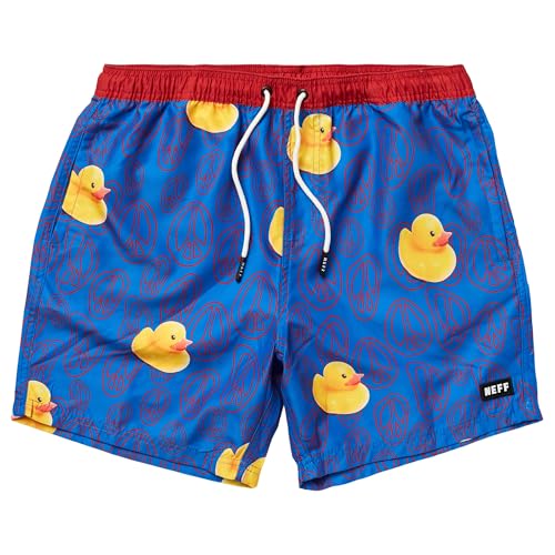 NEFF Men's Blue Ducky Peace Sign Daily Hot Tub Board Shorts for Swimming (Blue Ducky Peace Sign, Large)
