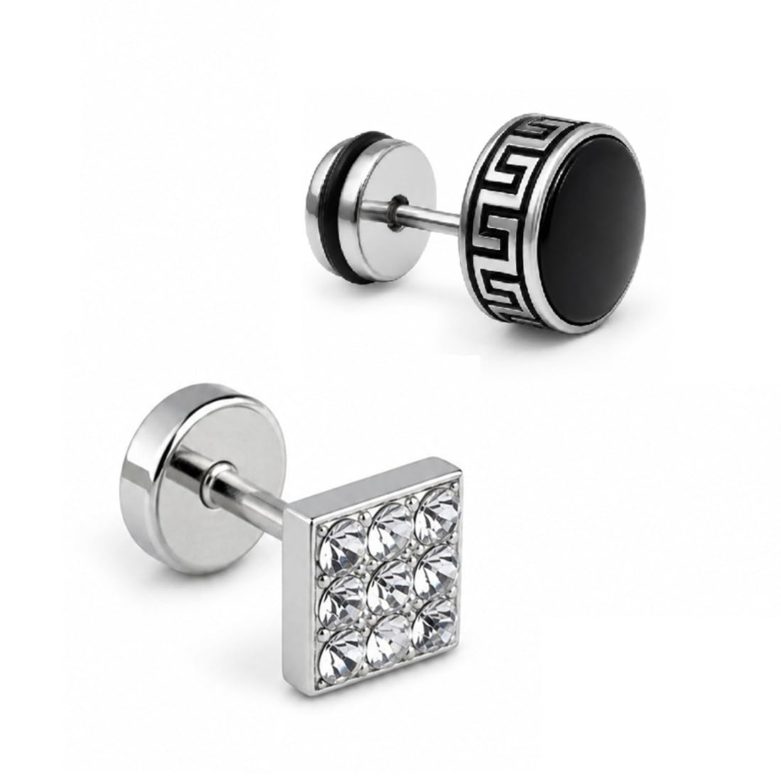 Combo of Men Silver Square & Silver Round Black Ear Earrings & Studs, Crystal Stone Design, Stylish Daily Wear-image-39