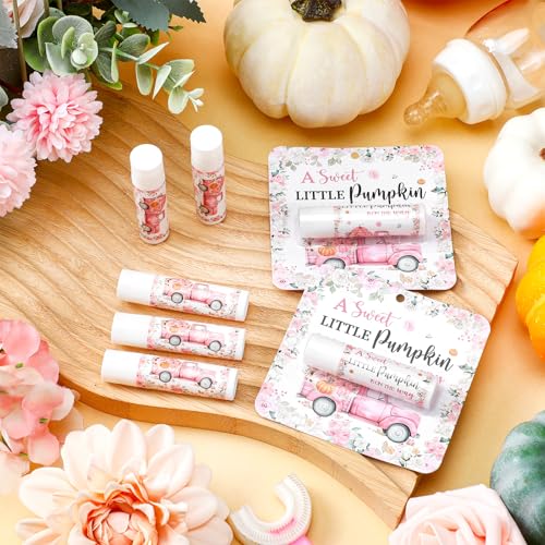 Image of 24 Pcs Little Pumpkin Lip Balms Bulk Fall Pink Truck Lip Care Moisturizer Baby Shower Party Supply for Guest Gift Set Travel Size Lipstick Autumn Thanksgiving First Birthday Favors Decorations