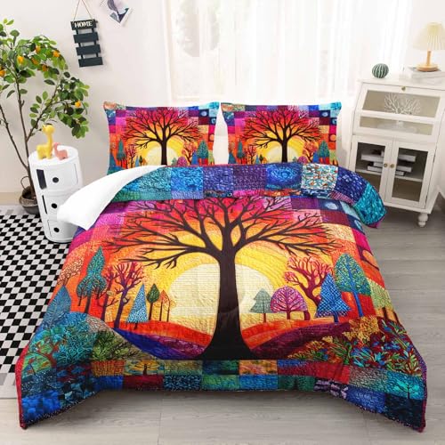 Image of AILONEN Tree of Life Comforter Set,3-Piece Patchwork Abstract Art Landscape Boho Twin Bedding Set,Lightweight Micorifber Duvet with 2 Pillowcases