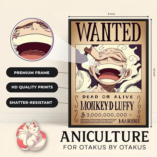 Image of Aniculture Framed Anime Poster, 8x12 Inch, Black Synthetic Wood Frame, Gloss Lamination, 300 GSM Ultra HD Print, Shatter-Resistant, for Home and Gaming Room Decor (Luffy Wanted Poster)