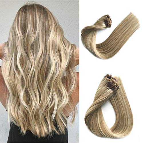 Clip in Human Hair Extensions 70g 7pcs Silky Straight Highlight Blonde Remy Human Hair Extension 15 Inch 18/613 Beige Blonde to Bleach Blonde