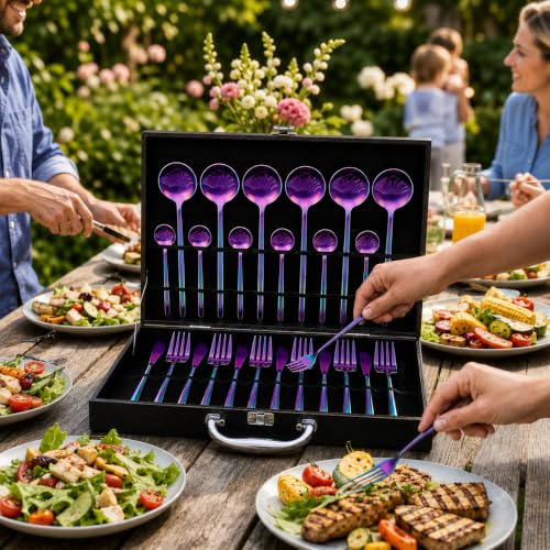 Image of 24-Piece Rainbow Stainless Steel Cutlery Set with Premium Storage Textured Plastic Box | Mirror Finish Flatware for 6 | Dinner Spoons, Forks, Knives & Teaspoons | Luxury Gift Set