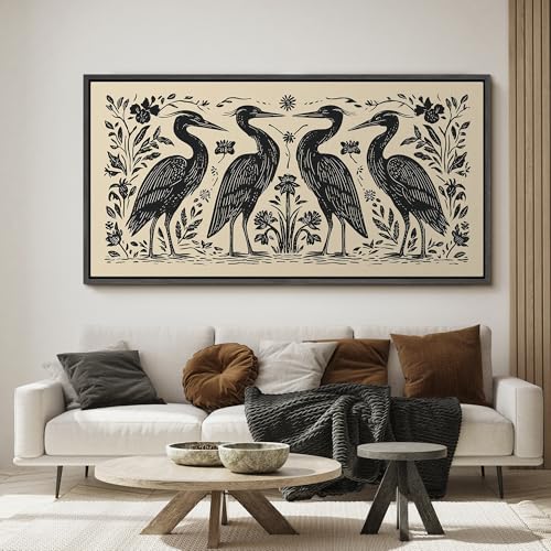 Image of MUDECOR Extra Large Framed Canvas Print Wall Art Folk Art Heron Birds Floral Black and Cream Antique Retro Ready to Hang Painting for Living Room Bedroom Multi-Sizes - 60 inchx30 inch