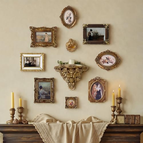 10 Pack Vintage Wall Decor, 5x7 Gold Picture Frames Antique Resin Gallery Wall Frame Set with Wall Shelf & Sculptures, Collage Photo Frames for Wall/Tabletop Display, Ornate Home Decor