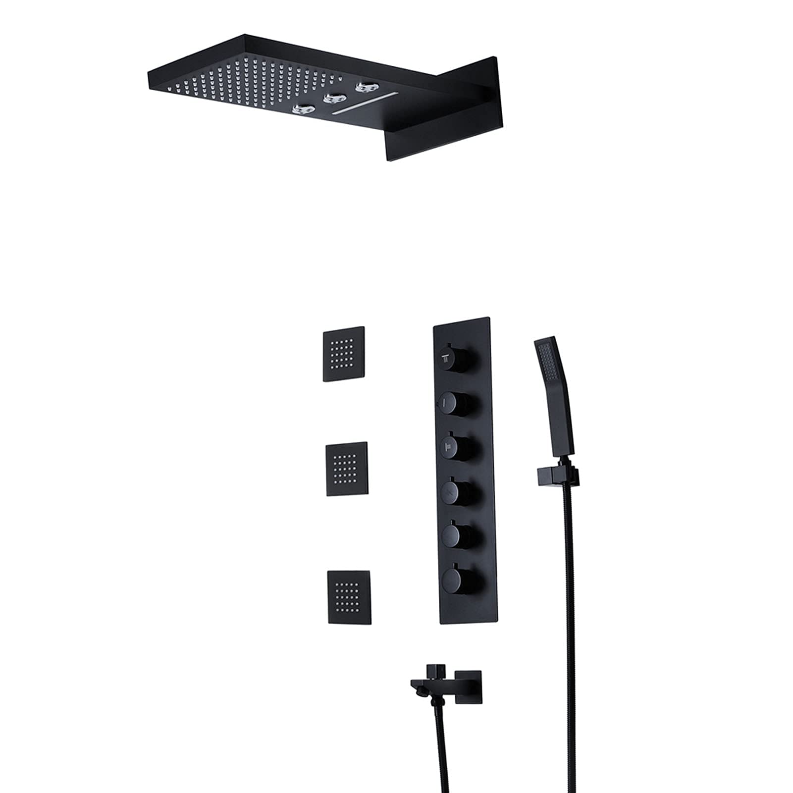 AYCDL Shower System Matte Black, Modern Shower Faucet Sets with Waterfall Rain Shower Head, Handheld Shower Spray, Tub Spout, Body Jets, Brass Thermostatic Valve