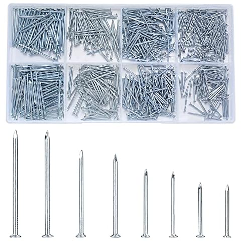 720 Pcs Assorted Nails for Wood, Flat Head Nails, Silver Hardware Wall Pictures Pins Tacks Nails Set, Finishing Nails Assortment Fasteners for Hanging Picture Frame Mirror Construction Nails Cover
