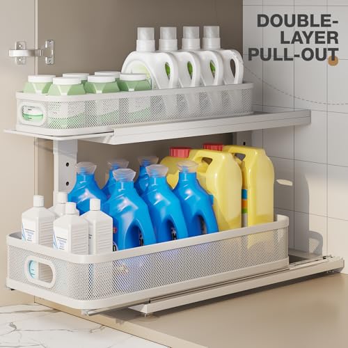 Image of 2 Pack 21IN-Depth Under Sink Organizer With Next-Gen Ball-Bearing Slides,2-Tier Precision Mesh Pull Out Cabinet Storage for Bathroom&Kitchen,Height Adjustable Drawers Shelf,Anti-rust-White