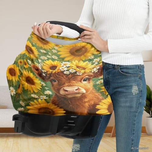 Image of Wanyint Stretchy Baby Car Seat Cover Nursing Breastfeeding Shopping Cart High Chair Stroller Covers Infinity Scarf Car Seat Canopies, Highland Cow Sunflower Green