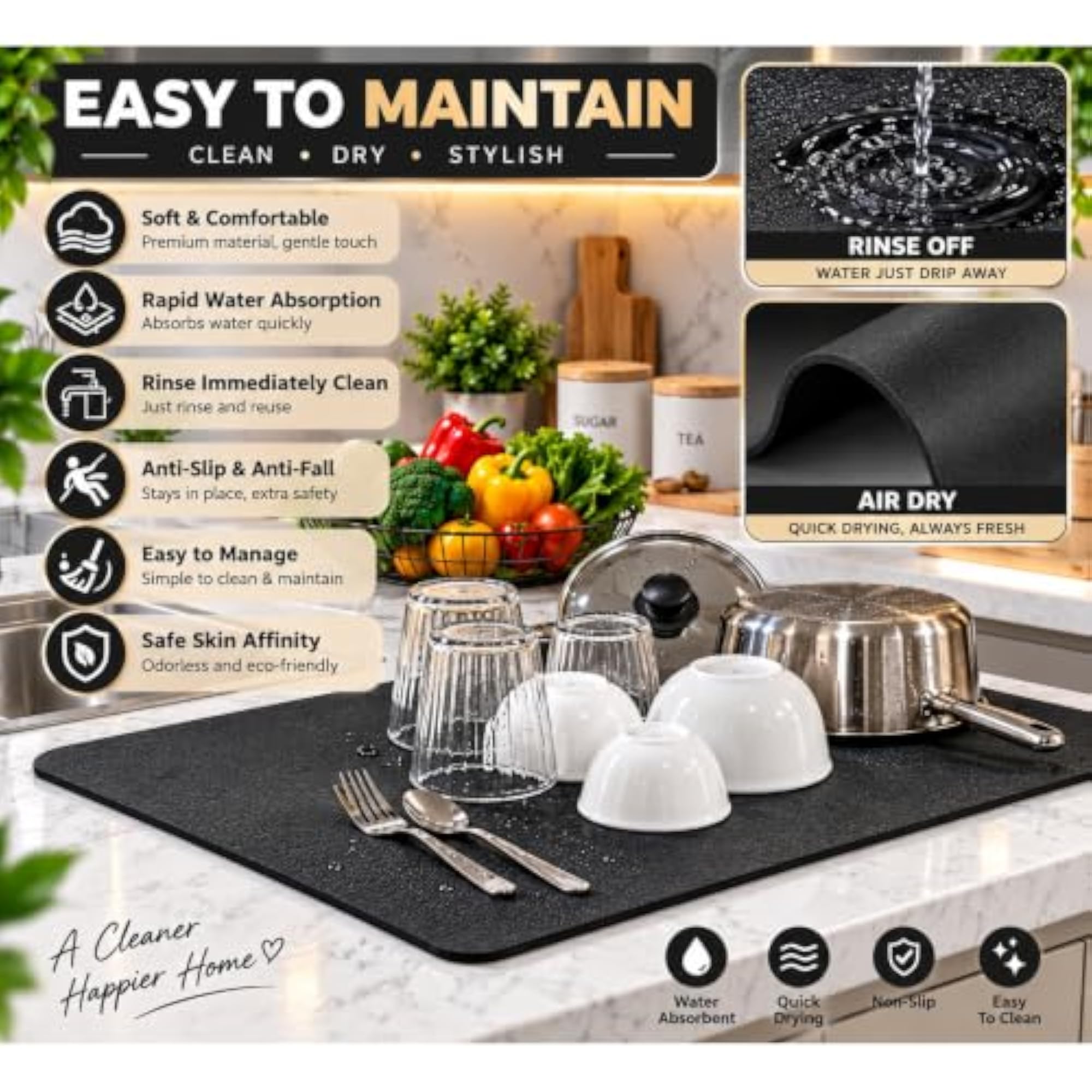 Dish Drying Mat 60x40 cm, Super Absorbent Quick Dry