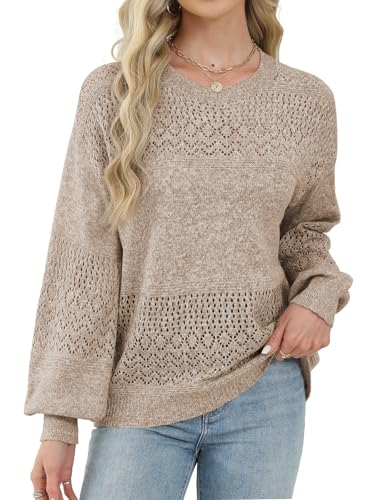 Image of Lylinan Womens Sweaters Casual Boho Long Sleeve Shirts Crewneck Lightweight Crochet Tops Pullover Knit Sweater