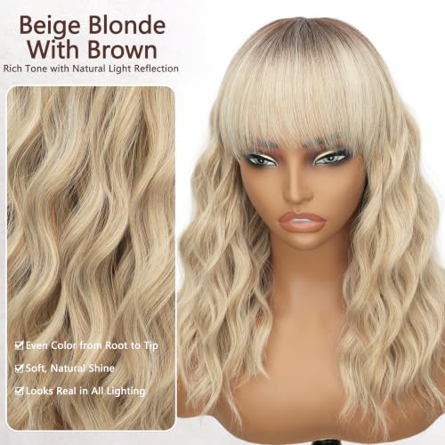 Image of Nnzes Short Wavy Bob Wig with Bangs for Women Shoulder Length Curly Soft Rooted Beige Blonde Synthetic Heat-Resistant Fiber Hair for Daily & Party Use