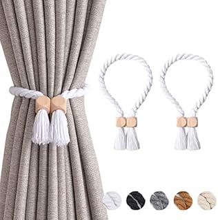 Pretty Jolly 2 Pack Wooden Ball Magnetic Curtain Tiebacks Boho Home Decor Drape Tie Backs Natural Cotton Hand Woven Rope Curtain Holdbacks for Thin & Thick Home & Office Window Draperies (Black)