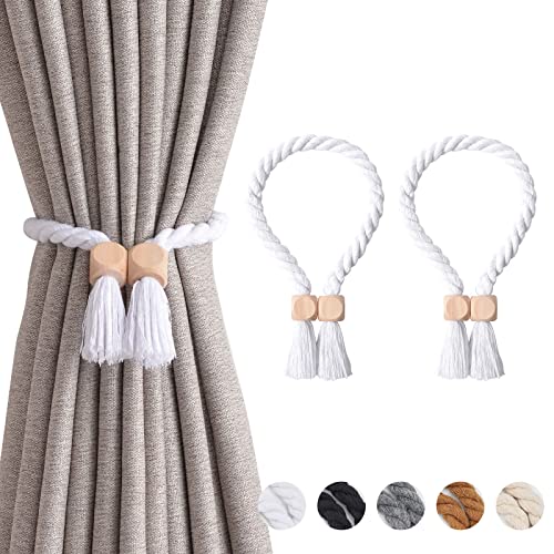 NICEEC 2 Pack Wooden Cube Magnetic Curtain Tiebacks Boho Home Decor Drape Tie Backs Natural Cotton Hand Woven Rope Curtain Holdbacks for Thin & Thick Home & Office Window Draperies (White)