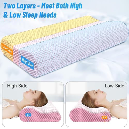 CloudBliss Memory Foam Pillow, Ergonomic Neck Contour Cervical Pillow for Back and Shoulder Pain, Orthopedic Pillow for Neck Pain Relief, for Sleeping Side, Back, Stomach Sleepers - Pink, Queen