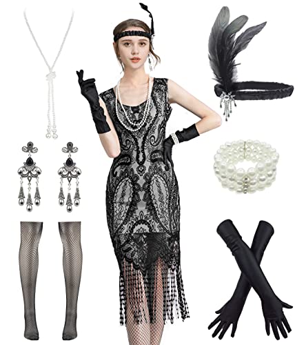 Image of Women 1920s Gatsby Flapper Dress Sexy Open Back Strap Fringed Cocktail Party Dress with 20s Accessories