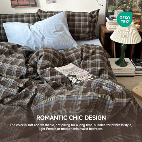 Image of Plaid Duvet Cover Set Twin Size,Brown Blue Gingham Patterned Bedding Set for Girls Boys,Modern Soft Breathable Microfiber Comforter Cover 2 Pieces with Zipper Closure and 1 Pillow Sham