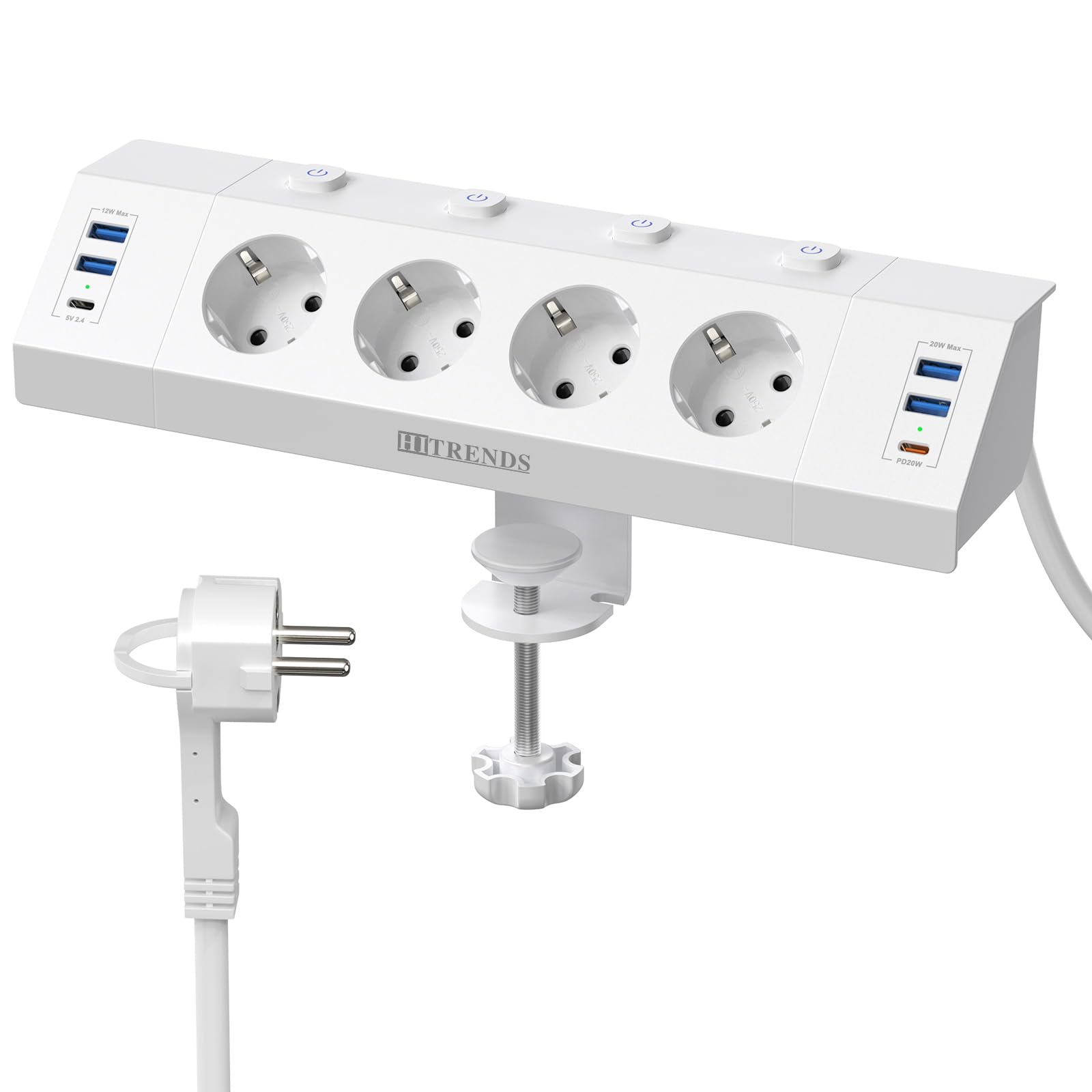 Regleta de mesa de 4 enchufes con 2 USB C, regleta de esquina con 6 USB, enchufe de escritorio, enchufe de cocina, regleta de pared, enchufe múltiple con interruptor, 2 m, blanco 002