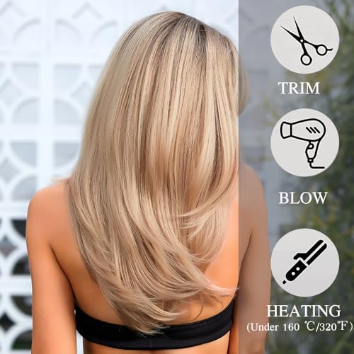 OUFEI Long Straight Blonde Wigs for Women Layered Synthetic Hair Ombre Wig with Dark Roots for Daily Party Cosplay Wear - Image 4