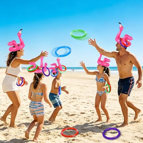 Camlinbo 15 Pcs Inflatable Flamingo Pool Toys Ring Toss Pool Game, Flamingos Luau Party Decor Hawaiian Beach Toys Carnival Outdoor Luau Party Games Supplies for Adults Family