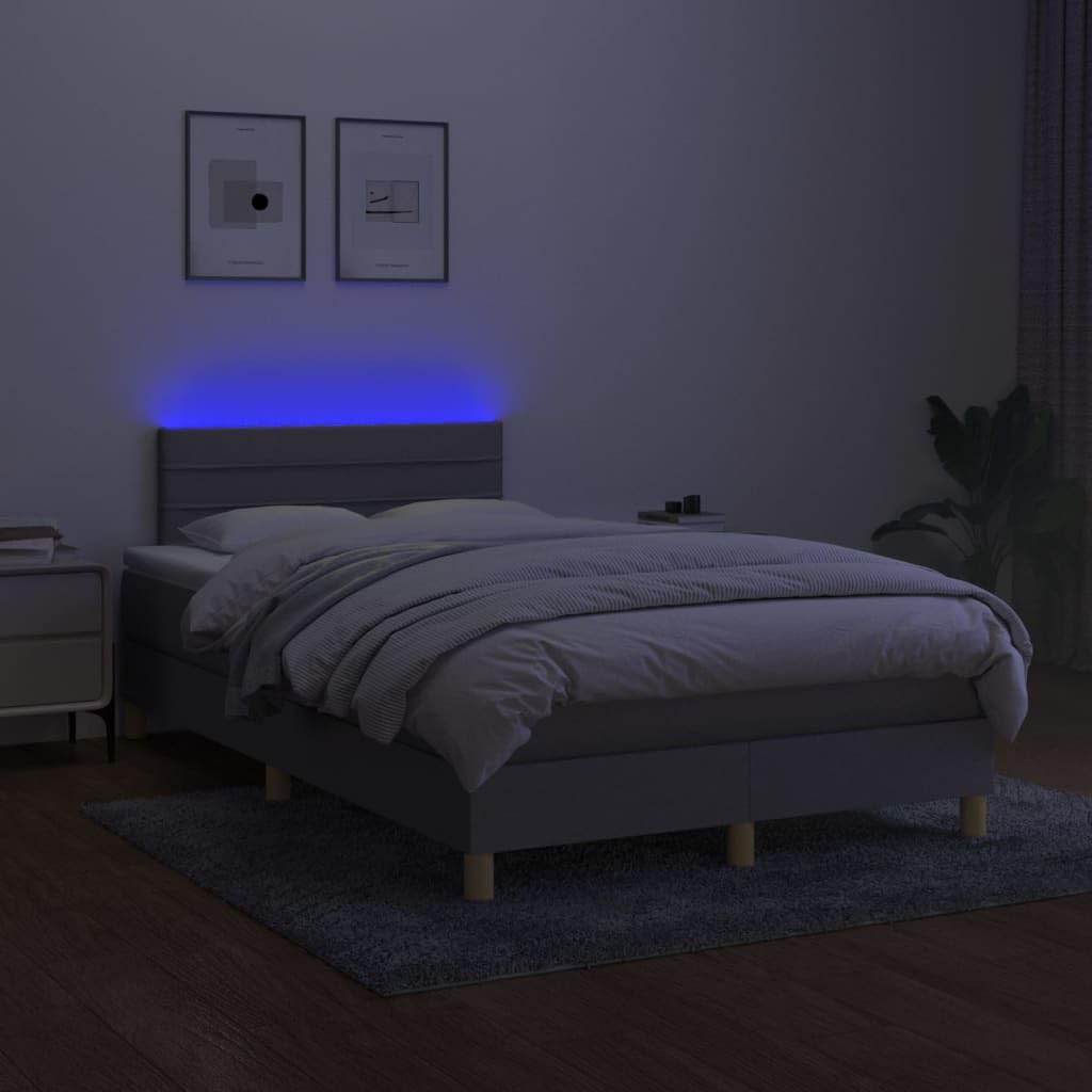 Tkanina z regulowanym zagłówkiem LED 120x200 cm Szary | Łóżko kontynentalne z materacem 120x200 jasnoszare z LED i zagłówkiem, tkanina poliester, sprężyny kieszeniowe