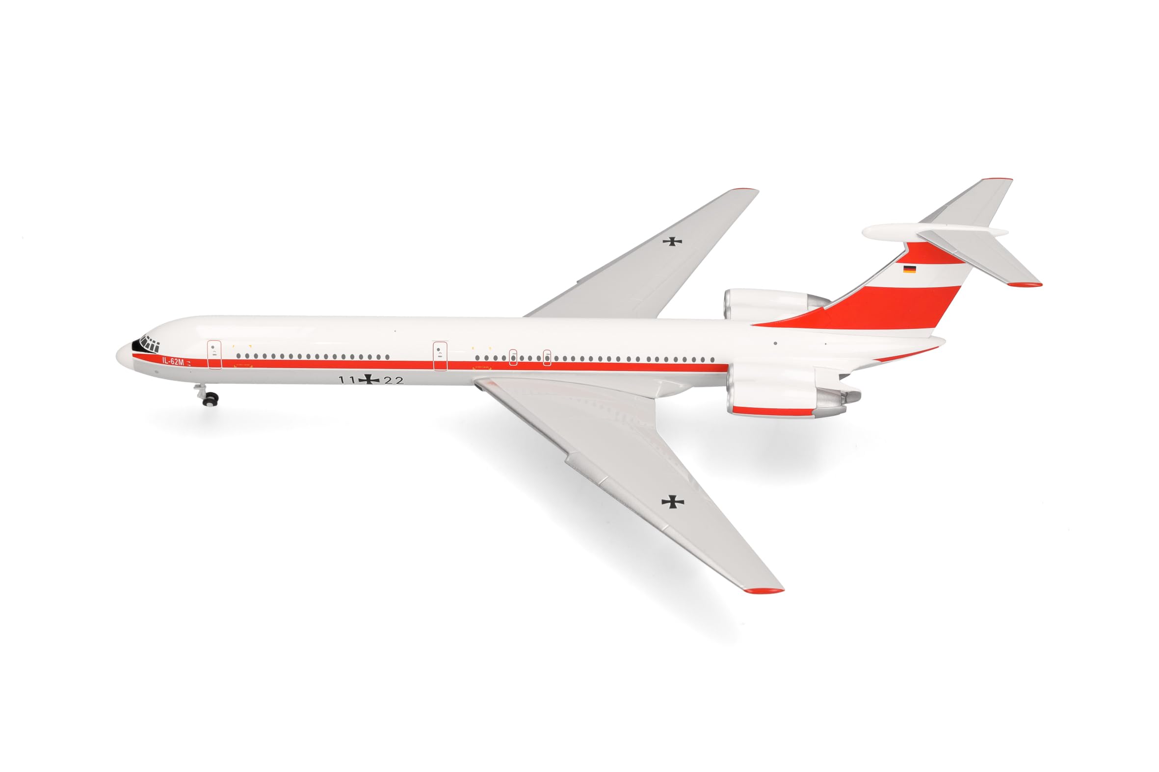 Herpa Modellflugzeug Luftwaffe Flugbereitschaft Ilyushin IL-62M, Miniatur im Maßstab 1:200, Sammlerstück, Modell ohne Standfuß, Metall