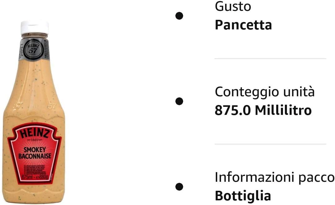 Italian Gourmet American Style Smokey Baconnaise Salsa Sauce BBQ 6 x 875ml | Geschmack nach geräuchertem Speck; crema da spremere per burger, panini, Gesamtnettogewicht 5,25 L + Kostenlos Polpa 400g