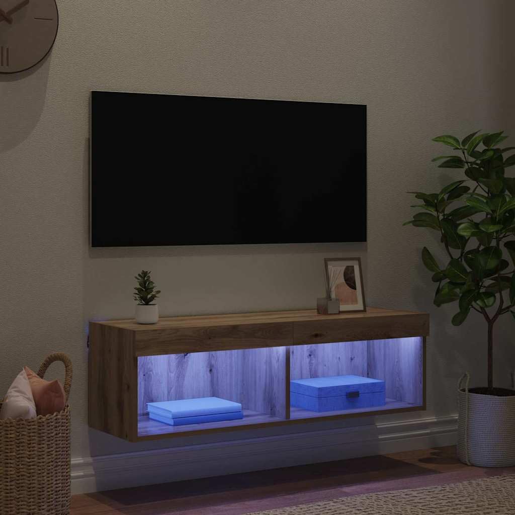 Szafka RTV wisząca LED z oświetleniem LED Dąb rzemieślniczy 100x30x30 cm nowoczesna półka pod telewizor do salonu z drzwiami i miejscem do przechowywania mebel na ścianę