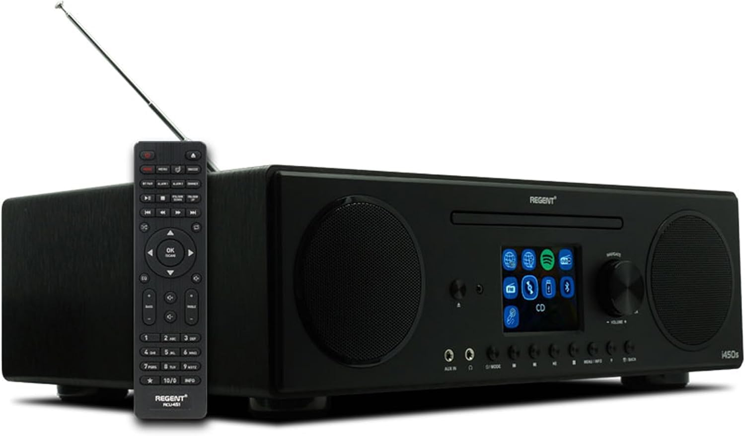Głośnik REGENT i450s Spotify Connect DAB+ Radio internetowe Odtwarzacz CD Digital Home Stereo Hi-Fi Bluetooth FM 20, podwójny alarm i pilot Wejście AUX i USB (Czarne)
