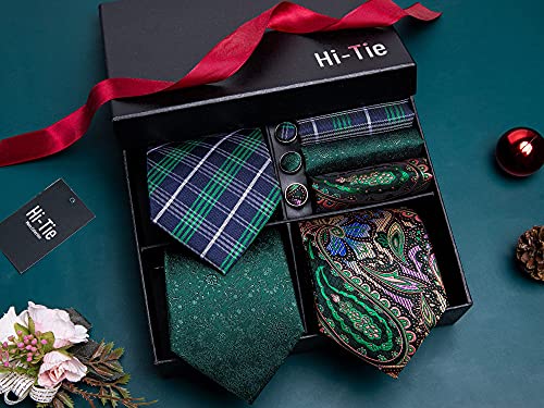 Image of Hi-Tie 3 Pcs Gift Box Mens Tie Set Necktie with Pocket Square Cufflinks Lapel Pin Silk Neck Tie Collection
