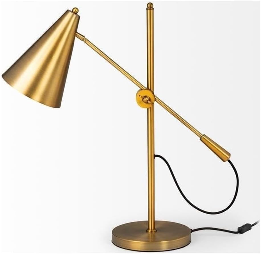 Pemberly Row 26" H Gold-Tone Metal Adjustable Cone Shade Table Lamp, Antique Finish, Conical Shade, Circular Base, Ideal Table or Desk Lamp for Industrial or Elegant Room Decor
