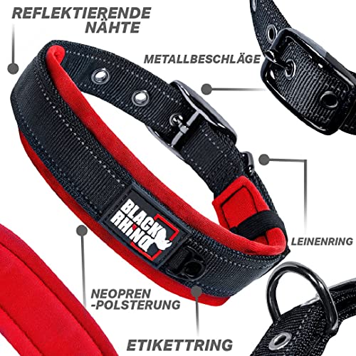 Black Rhino - Das Comfort Halsband Super Weiches Neopren Gepostertes Hundehalsband für alle Hunderassen - Hochbeanspruchbar Verstellbar Reflektierend Wetterfest (Mittel, Rot/Schwarz)