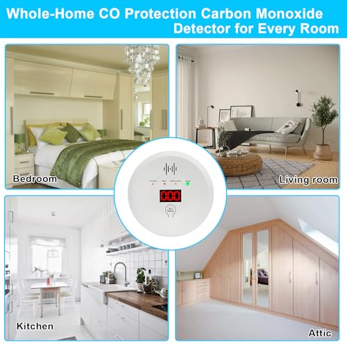 Image of Carbon Monoxide Detector, Replaceable Battery-Operated Carbon Monoxide Alarm Detectors with Digital Display & LED Lights. CO Alarm Applicable to Home, Warehouse