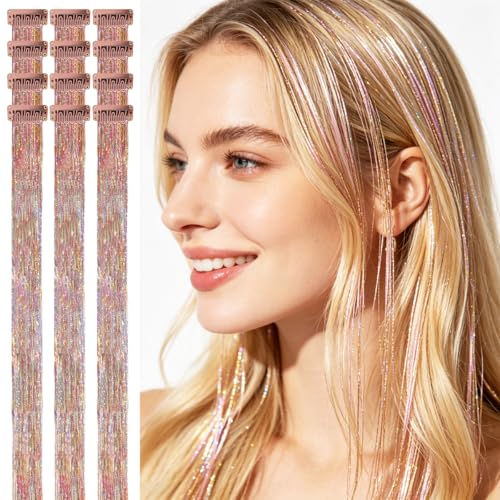 CelineBella 12Pcs 24" Clip in Hair Tinsel Galaxy Pink Gold Party