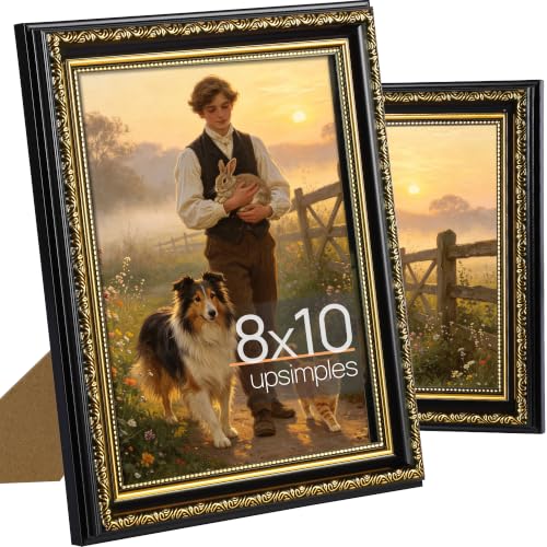 Image of upsimples Vintage 8x10 Picture Frame, Antique Black and Gold Frames, 2 Pack | Gold Picture Frames, Fits 8 x 10 Photos, Elegant Vintage Design, Wall or Tabletop Decor, for Wedding or Family Memorie