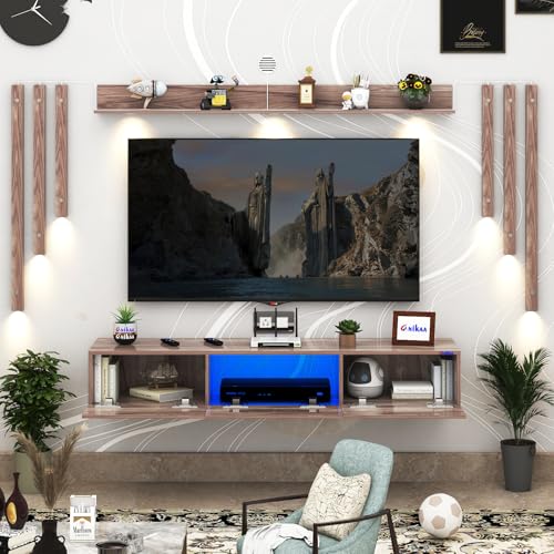 Image of Anikaa LucenNote Engineered Wood Wall Mount TV Unit with Acrylic Blue LED Storage Box, Wooden Accent Spotlight Panels for Living Room, Fits Up to 50 Inch TV, Coachwood, DIY Installation
