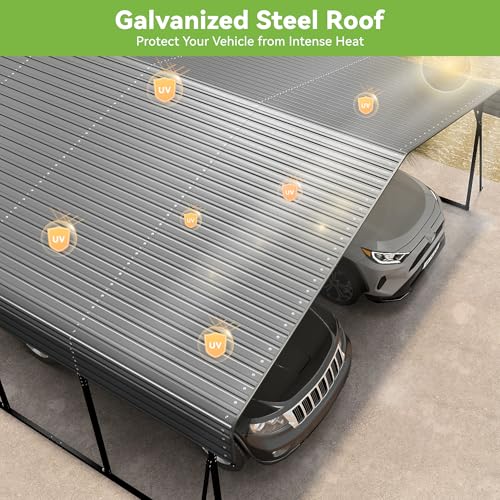 Image of Heavy Duty Metal Carport, 20x20FT Carport Canopy with Galvanized Steel Roof and Reinforced Frame, 4 Support Rods, Outdoor Garage Car Shelter Shade for 2 Cars, Boats and Truck, Party, Gray