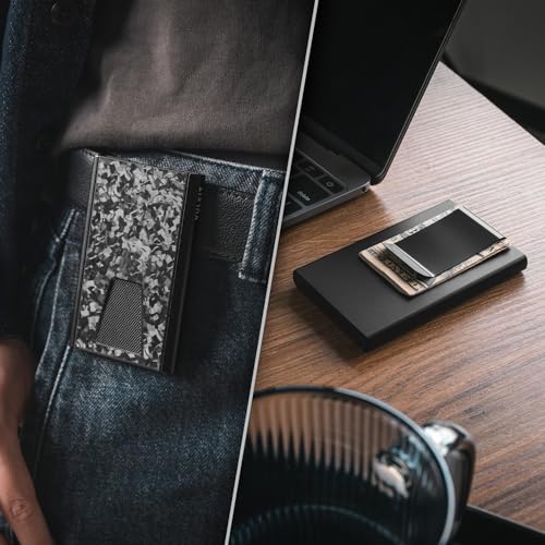 Image of VULKIT Credit Card Holder RFID Blocking with Money Clip, Slim Aluminum POP UP Wallet for Men, Forged Carbon Black