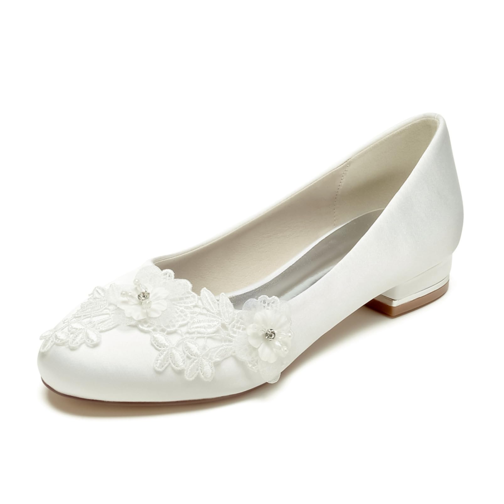 Femmes Fermées Bout Rond Chaussures De Mariée Satin Talons Bas Bloc Ballet Plat Strass Soirée Party Robe Chaussures Glisser sur Mariages Sandales