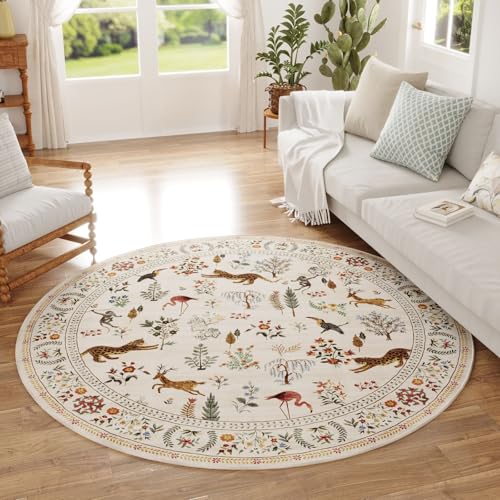 Round Rug 4ft Washable Circle Rug Non Slip Low Pile Boho Floral A...