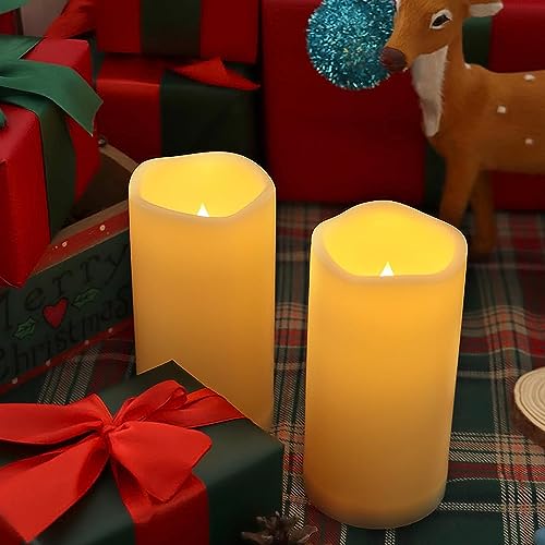 Image of 2 Pack 6'' Outdoor Battery Operated Candles with Timer Flameless LED Flickering Candles Waterproof Electric Pillar Decorative Candle for Wedding Party Home Lantern Garden