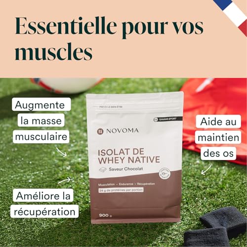 NOVOMA Whey Isolate Native, Protéine Pure Non Dénaturée, 24g de Protéines par Portion, Saveur Chocolat, Musculation et Récupération, 30 Portions, Sachet 900g, Fabriqué en France – Image 4