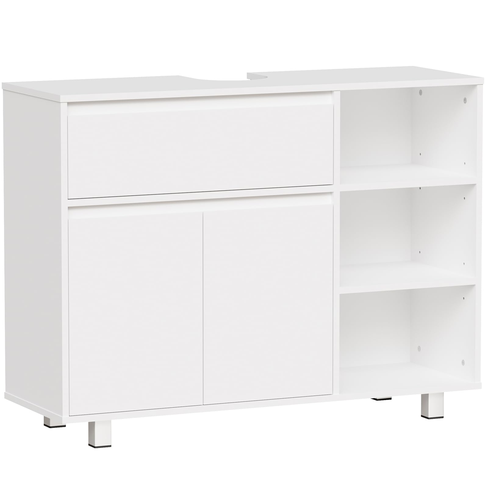 ANWBROAD Waschbeckenunterschrank, Badezimmerschrank mit 2 Schranktüren 3 Verstellbare Offene Regalböden,1 Verdecktes Staufach, Unterschrank Waschbecken mit Füßen,30 x 90 x 64,5 cm Weiß SSC001W