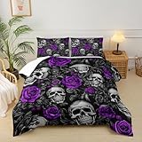 lneffble Sugar Skull King Size Comforter Set Floral Bedding Set,Gothic Skull Bedding Set for Boys Girls,Skeleton Bone Rose Blossoms Print Halloween Quilt Set,Horror Comforter Set for Bedroom Decor