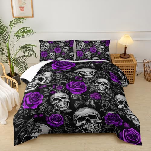 lneffble Sugar Skull Full Size Comforter Set Floral Bedding Set,Gothic Skull Bedding Set for Boys Girls,Skeleton Bone Rose Blossoms Print Halloween Quilt Set,Horror Comforter Set for Bedroom Decor